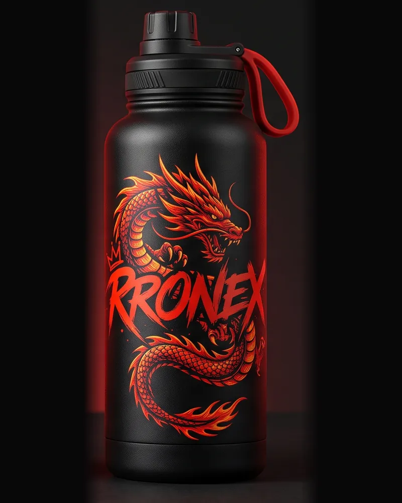 Large black RRONEX water bottle with a fire dragon