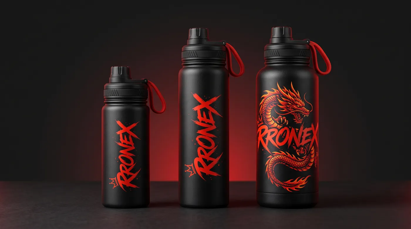Three black RRONEX water bottles in small, medium and large, the large one with a fire dragon