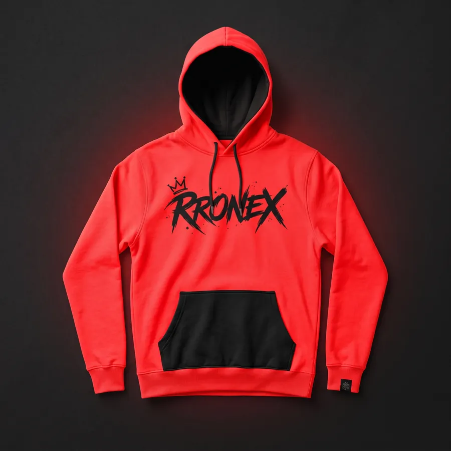 Neon red RRONEX hoodie with a black logo
