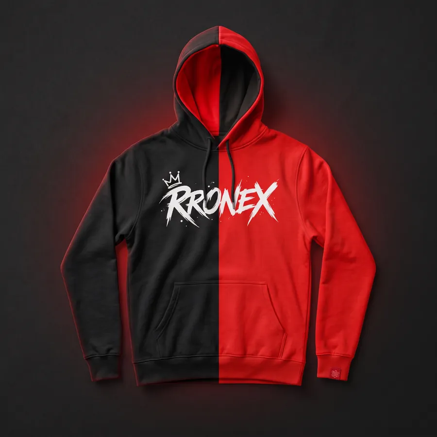 Split black and red RRONEX hoodie with a white logo
