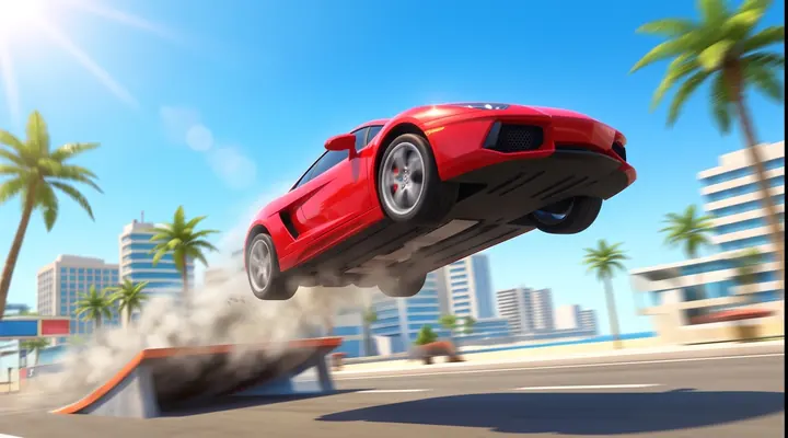 A red sports car flying off a ramp, preview art